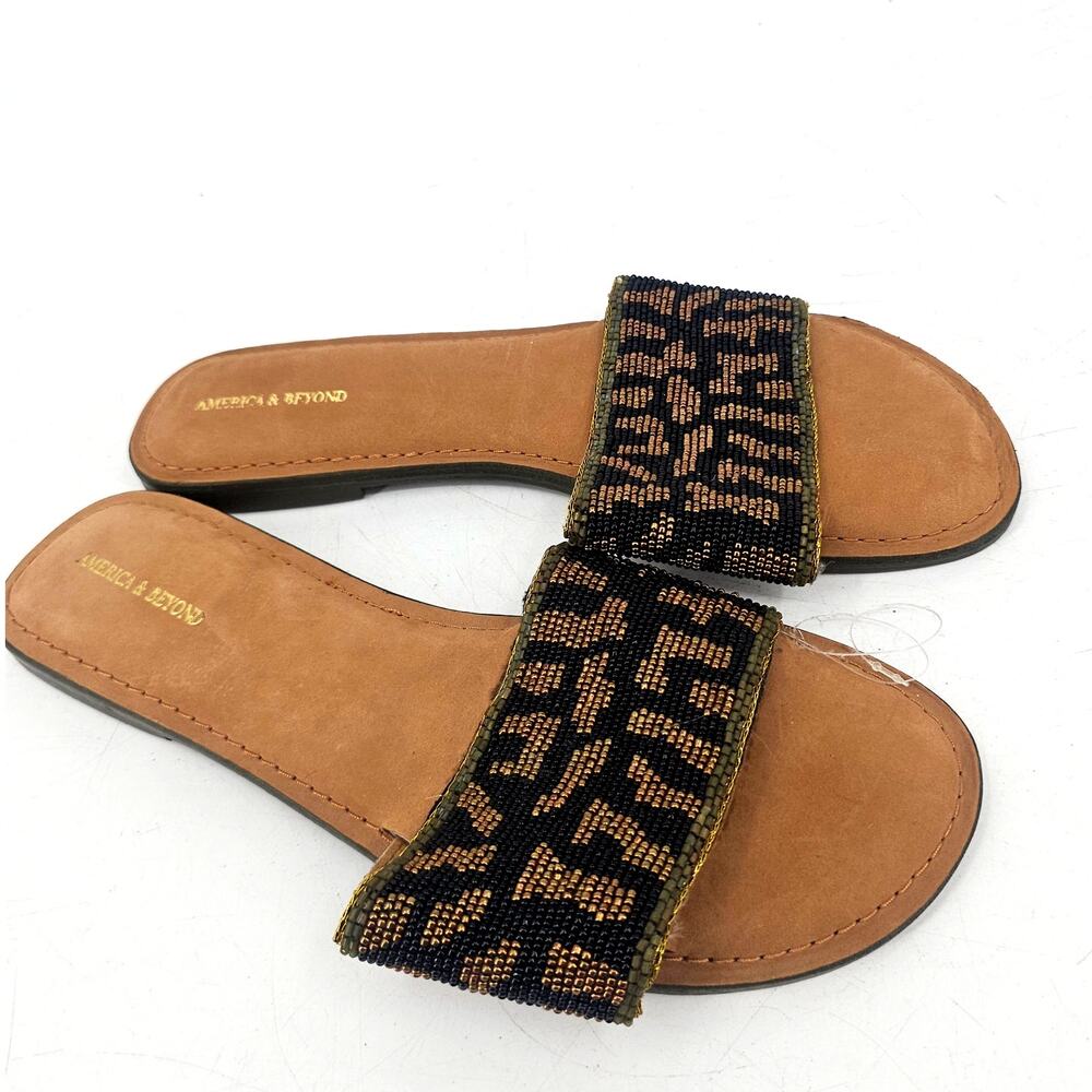 America & Beyond Beaded Leopard Animal Print Slip-on Sandal Women's 41 10 Boho